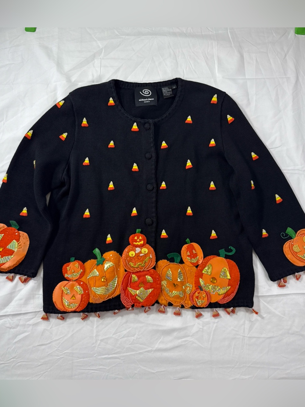 Vintage Michael Simon Halloween Cardigan Sz M, Beaded Pumpkin Embellished - Picture 1 of 15